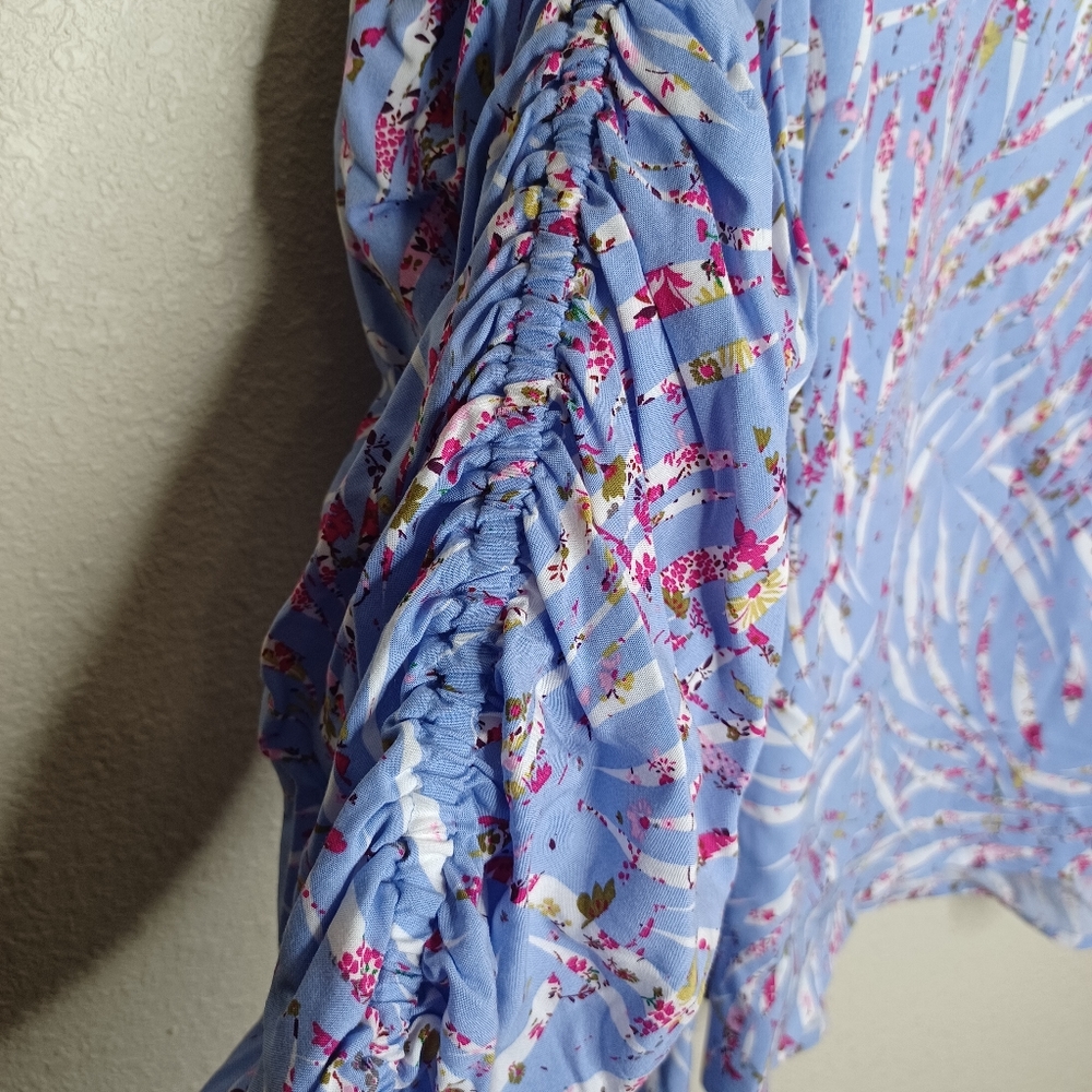 ELOQUII Elements Plus Size Zebra Print Ruched Sleeve Top Flower Detail - Picture 4 of 6